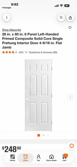 Masonite 28 in. x 80 in. 6 Panel Left-Handed Primed Composite Solid Core Single Prehung Interior Door 4-9/16 in. Flat Jamb