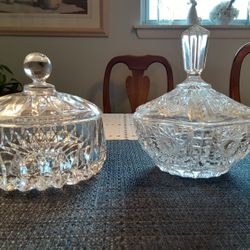 6 INCHES Tall AND 7 INCHES TALL REALLY NEAT LOOKING CRYSTAL GLASS DISHES WITH  LIDS. 13 DOLLARS EACH 