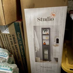 Brand New Studio 3B Hudson Tower Gray Bathroom Bedroom Cabinet Shelving Storage Unit