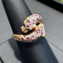 Jewelry Antique 14k solid yellow gold natural diamonds ruby 1.00CTW panthers sz 8.25