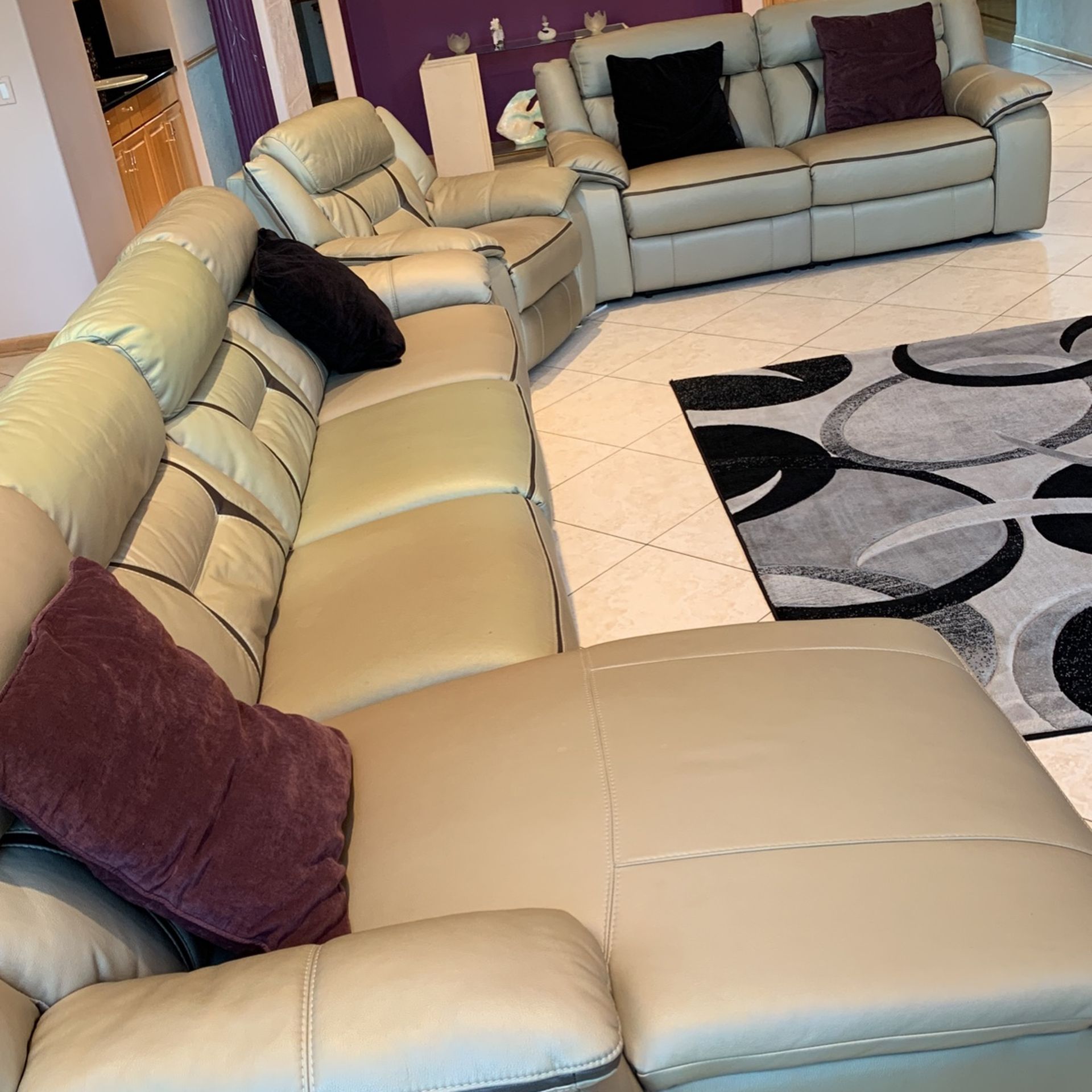 Electric reclining sofa ,loveseat and chair, light gray with Taupe accent