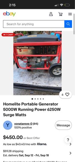 Homelite Portable Generator 5000W / 6250W Surge