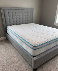 Queen Upholstered Bed Frame with Tufted Headboard and Mattress