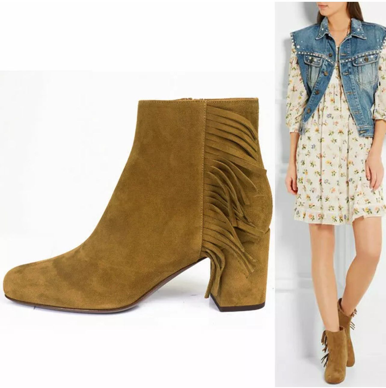 SAINT LAURENT Tan Suede 70 BABIES Fringe Boho Fall ANKLE BOOTS 