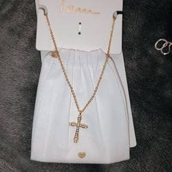 Gold Plated Cross And Diamond Necklace 