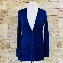 Only Mine Womens XS Blue Merino Wool Blend V-Neck Button Front Cardigan Sweater