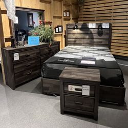 Grey Queen Bed, Dresser, Mirror And One Nightstand