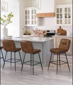 Bar Stools Set of 3, Double-Layer Upholstered Counter Height Bar Stools for Kitchen Island, Faux Lea
