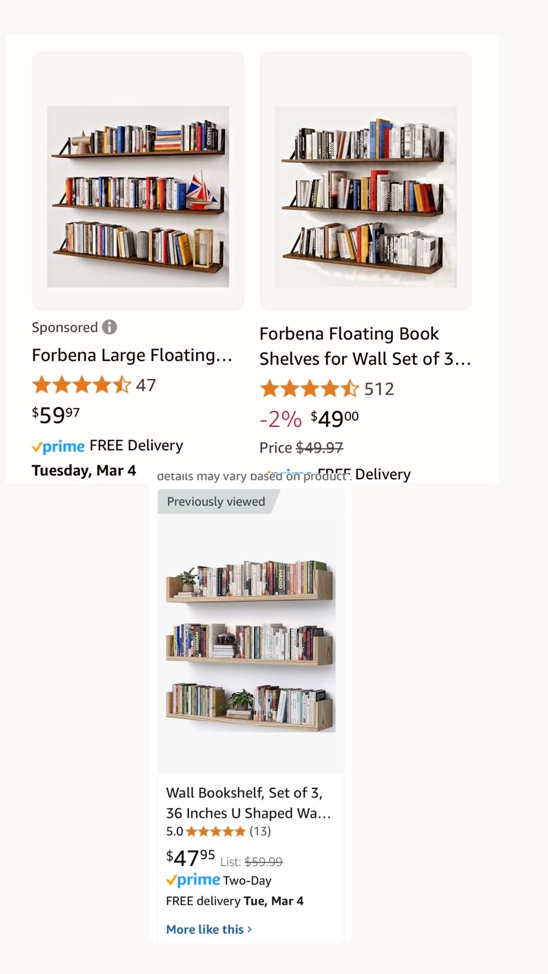 Wall Bookshelf, Set of 3, 36 Inches U Shaped Wall Shelves, Long Deep Floating Shelves for Wall, Large Floating Book Shelves - Wood Hanging Bookshelves