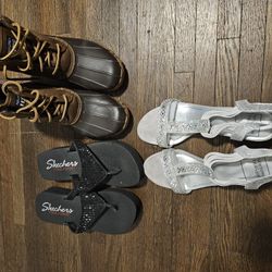 Nautica duck boots, Sketchers flip-flops, Silver wedge sandals