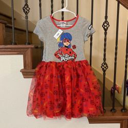 Miraculous Ladybug Short Sleeve Dress Tulle Skirt Rib Knit Crew Neck Collar