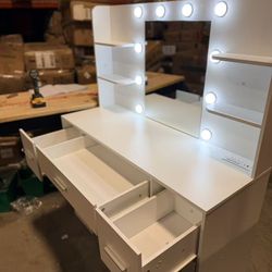 Vanity desk with mirror, LED lights and power outlet, makeup table/white  $160  