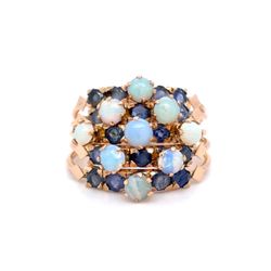 14K Yellow Gold Natural Opal & Sapphire Multi-Row Fashion Ring | Cabochon & Round 2.80 TCW, Size 9