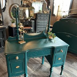 Amazing Antique Peacock Teal & Gold Vanity 