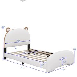Low Profile Twin Size Bedframe, White, Bear Design 
