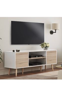 WAMPAT Mid-Century TV Stand – White & Oak (55”)
