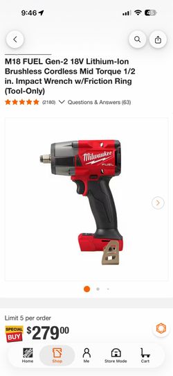 M18 FUEL GEN-2 18-VOLT LITHIUM-ION BRUSHLESS CORDLESS MID TORQUE 1/2