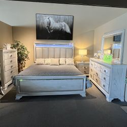 Grey King Bed, Dresser, Mirror And One Night Stand 
