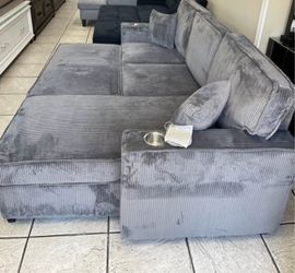 New Gray Corduroy sleeper  Sectional Sofa with Chaise