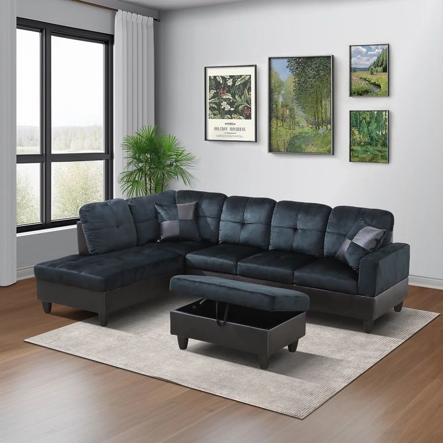 Dark Blue Sectional Couch Set With Ottoman
