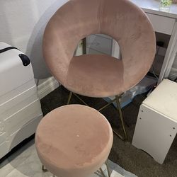Pink Velvet Chair + Matching Stool (Set)