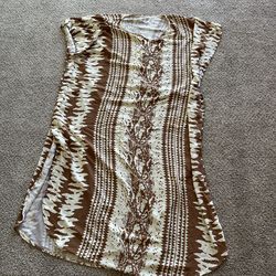 Womens Tunic Dress Cover Up Brown Cream Geometric Print No Size Tag Loose Fit