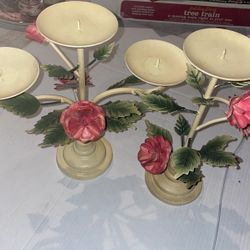 Vtg Shabby Chic Rose Italian heavy Toleware Candle Holder Stand PAIR 