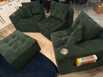 Green Corduroy boneless Sectional Sofa with Ottoman