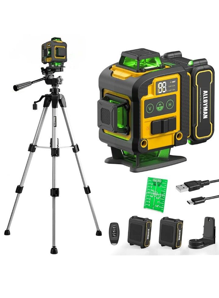 Laser Level with Tripod,Alloyman 4x360° Self Leveling Laser Level,Green Line Laser 4D Laser Leveler Tool with 2Pcs Lithium Batteries for Picture Hangi