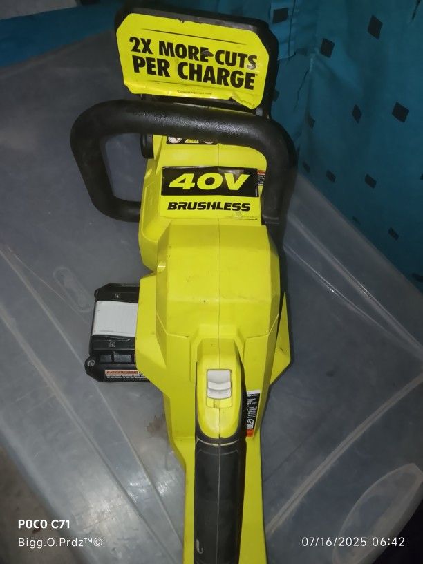 40 Volt Ryobi Rechargeable Brushless Chainsaw W/ 40 Volt Battery Included