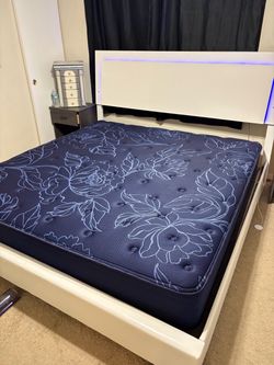 King Mattress with White LED Bed Frame
