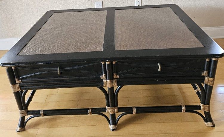 Black Rattan and Bamboo Coffee Table with Glass