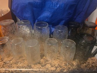Vintage Glassware Lot of 12, Daisy Tumblers & Smoke Glass Mugs