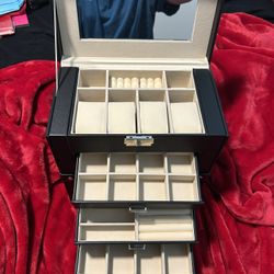 Large Black Jewelry Box (Drawers, Necklace Hooks, & Locked Mirrored Compartment)
