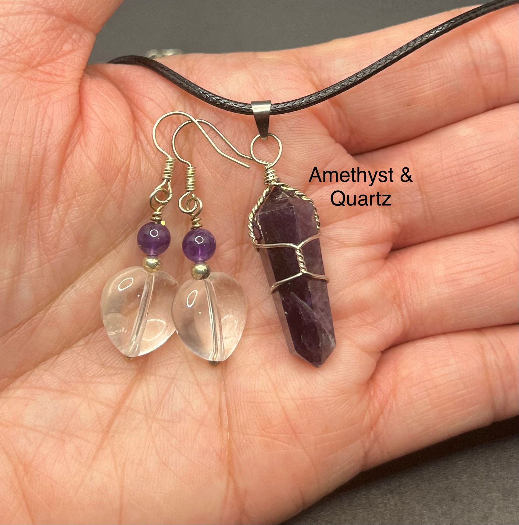 Amethyst Genuine Stone Pendant & Amethyst with Quartz Earrings Set