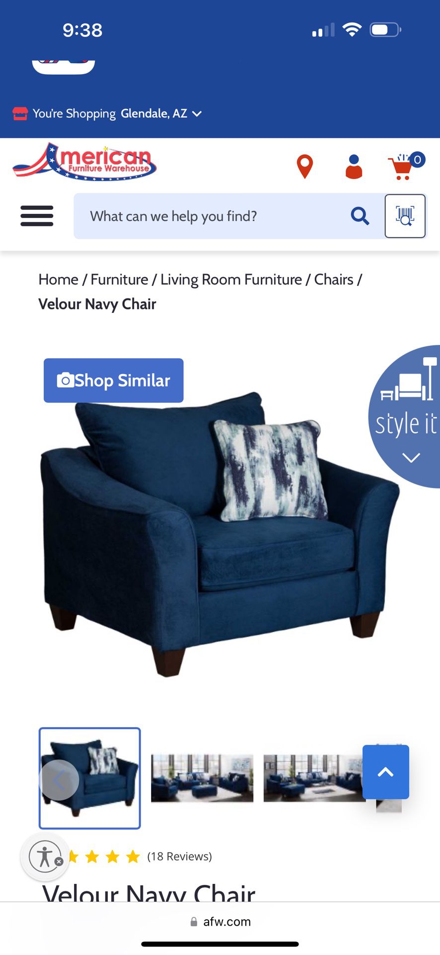 Navy Blue Velour Chair And Matching Ottoman