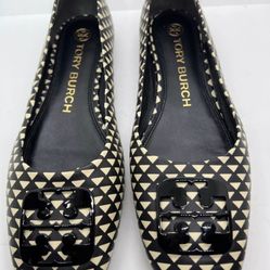 Tory Burch Georgia Logo Ballet Flat Size 7.5 M Square Toe Triangle Geo Black