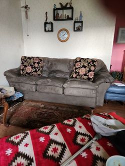 Olive Green 3 Cushion SUADE Couch + PILLOWS