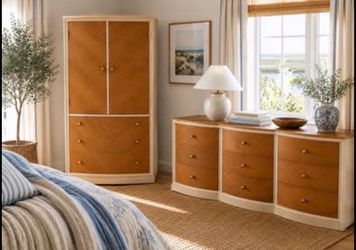 ✨Curved Oak & Cream Dresser + Armoire Set ✨Refinished