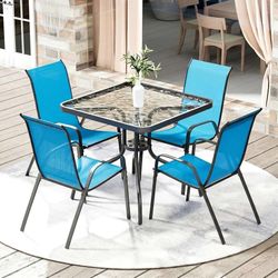 5 Pieces Outdoor Patio Dining Set, Glass Table and Textilene Chair Stackable Chairs for Saving Space, 30"X30" Table with Metal Frame, 1.69" Umbrella H