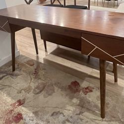 World Market Mid-Century Wood & Brass Inlay Desk – 59” (Walnut Finish)