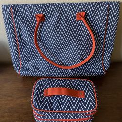 💼 💄 Like-New 3-Piece Milano Series Zippered Tote Bag & 2 Toiletry Bags Navy Blue & Orange 