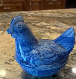 Vintage Blue Ceramic Chicken Egg Holder Container
