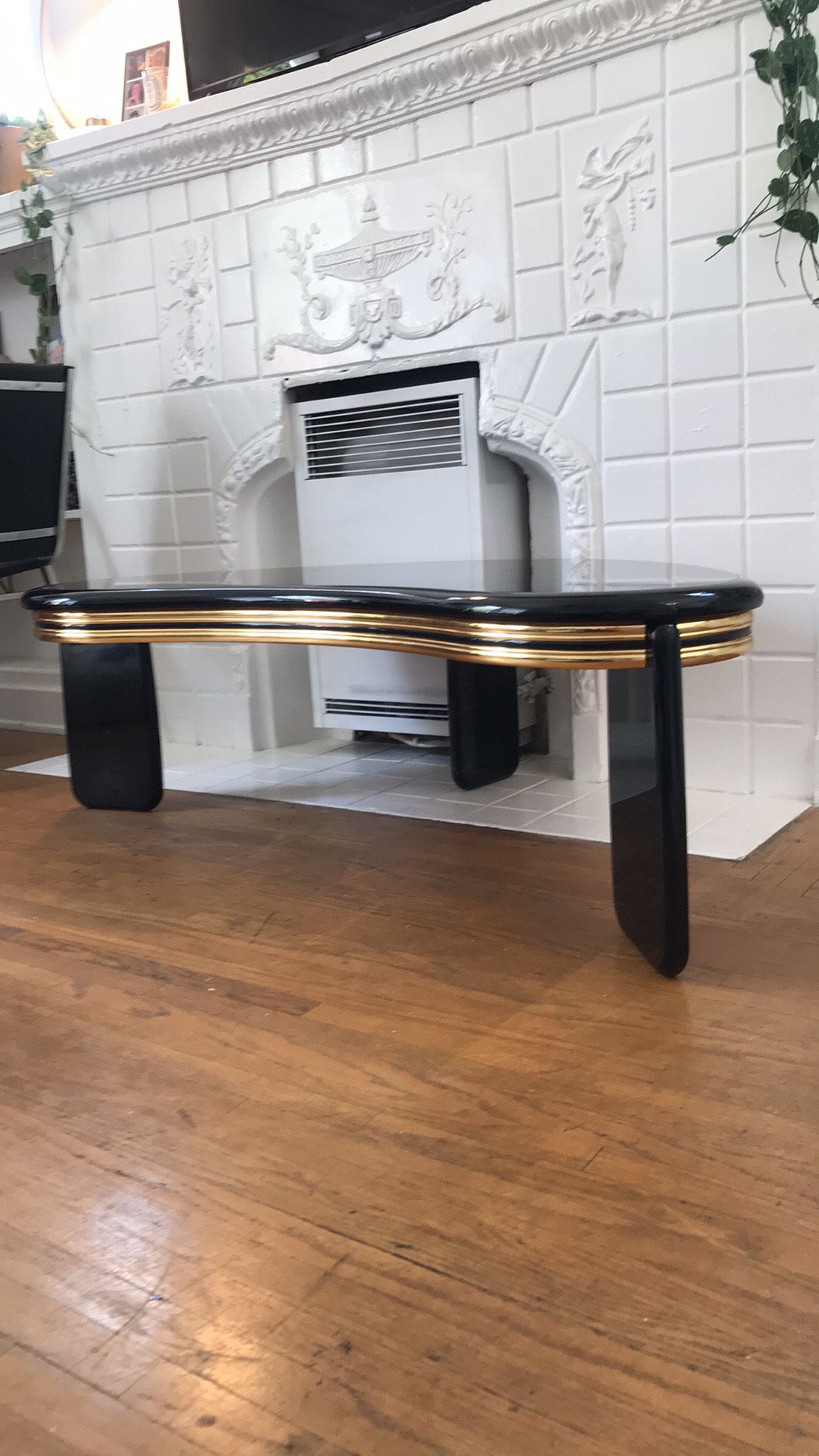 Vintage 80s Black and Gold Laminate Kidney Shaped Coffee Table