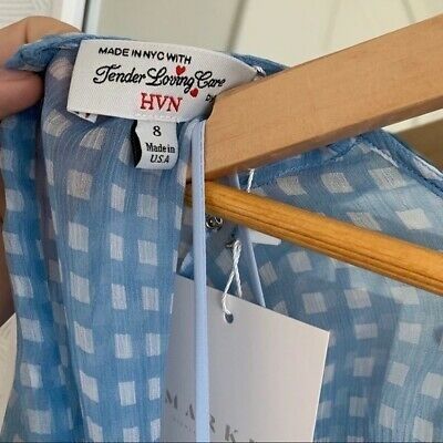 HVN Lindi Silk Chiffon Midi Dress Blue Gingham Women's size 8