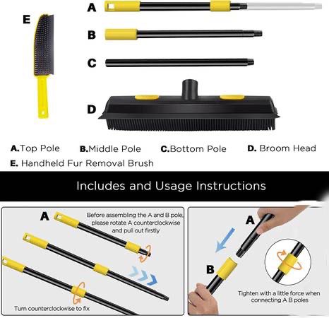Pet Hair Removal Broom Rubber Broom, Carpet Rake Fur Remover Broom with Squeegee and Telescoping Handle, Portable Lint Remover, Dog and Cat Hair Remov