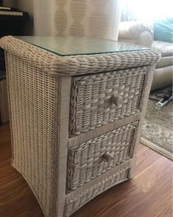 White Wicker/Rattan Nightstand with Glass Top
