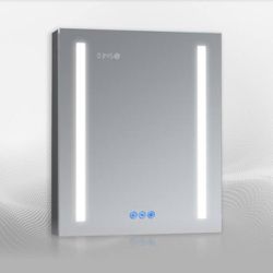DECADOM AURA 24 in.W x 30 in.H LED Medicine Cabinet Recessed Surface Clock Dimmer Defogger Cosmetic Mirror Outlet USB L-Hinge=Pal-552
