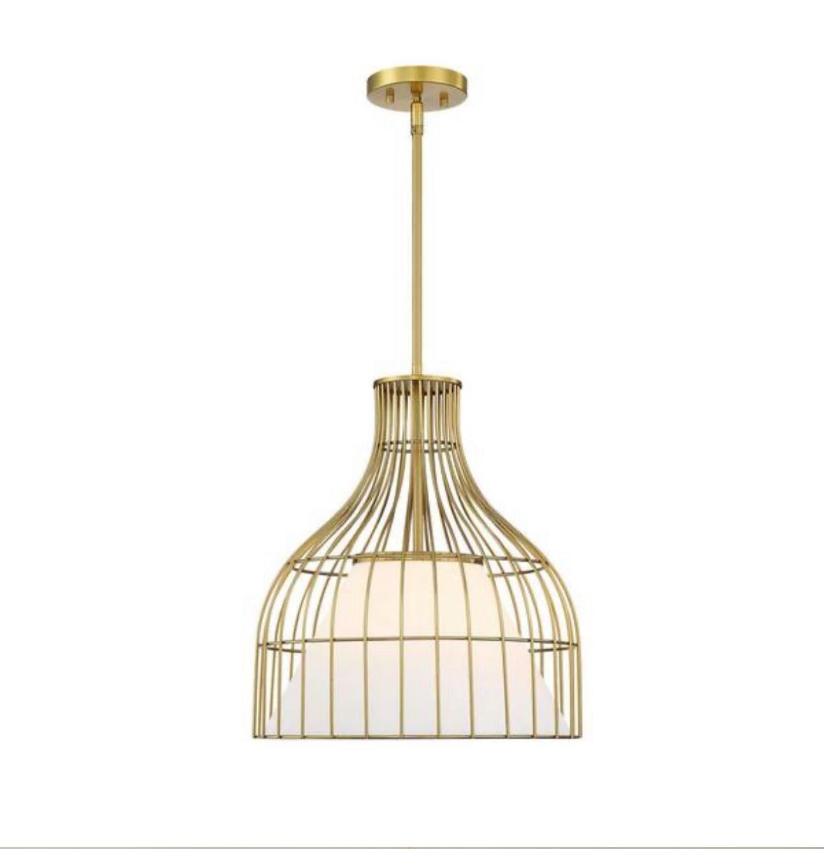 1-Light Brushed Gold Bell Pendant with Etched Opal Glass Shade and Metal Outer Cage