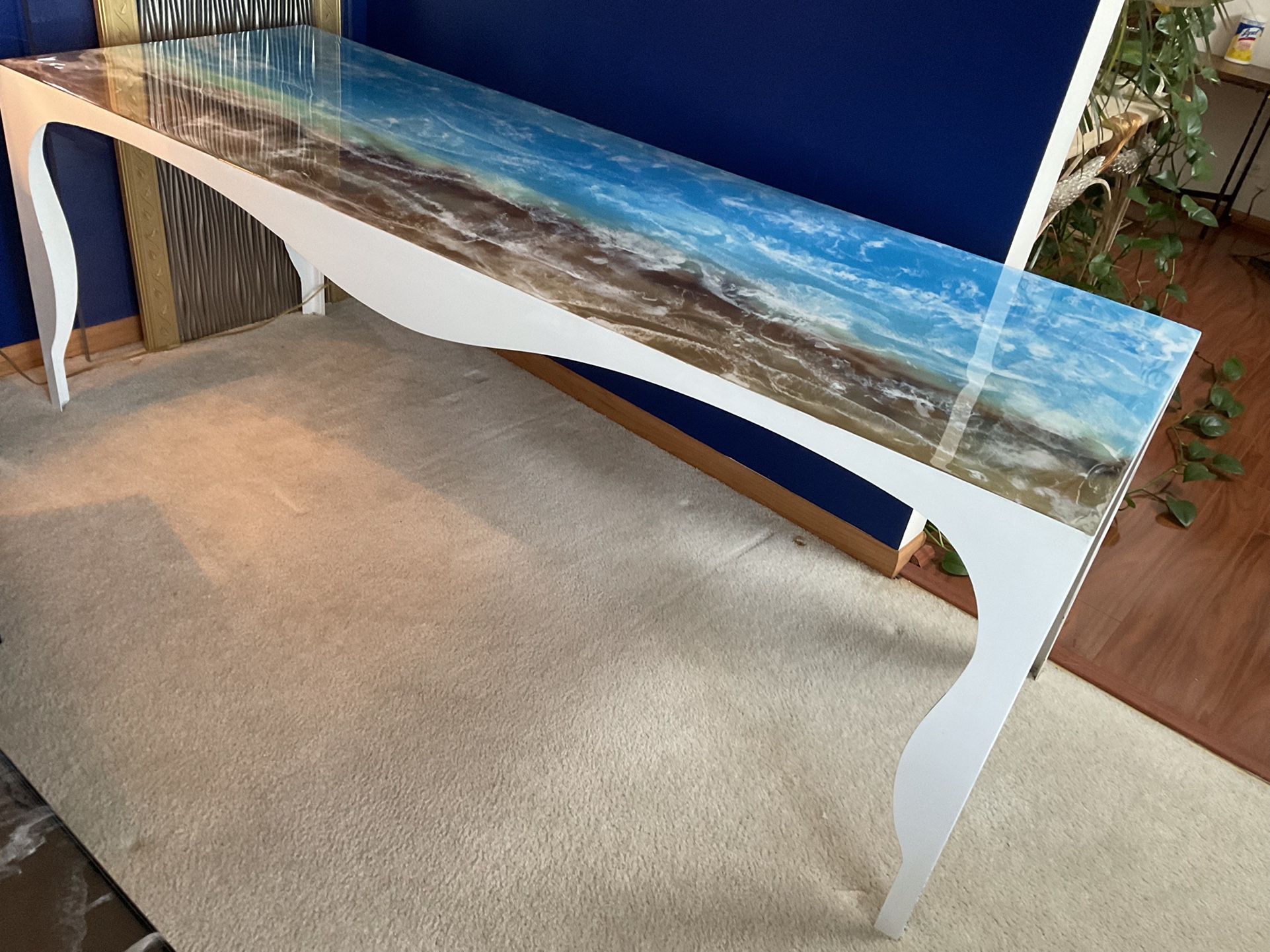 EXCELLENT FOR HOLIDAY BUFFET TABLE.. Reduced.. GREAT FOR PATIO….LARGE STEAL TABLE …TOP COATING HAND MADE WITH EXPOXY…OCEAN CRASH LOOK…A TALKED ABOUT